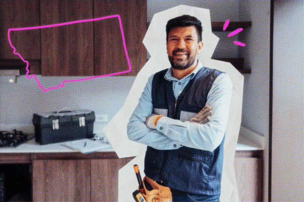 Contractor in a kitchen next to an outline of the state of Montana