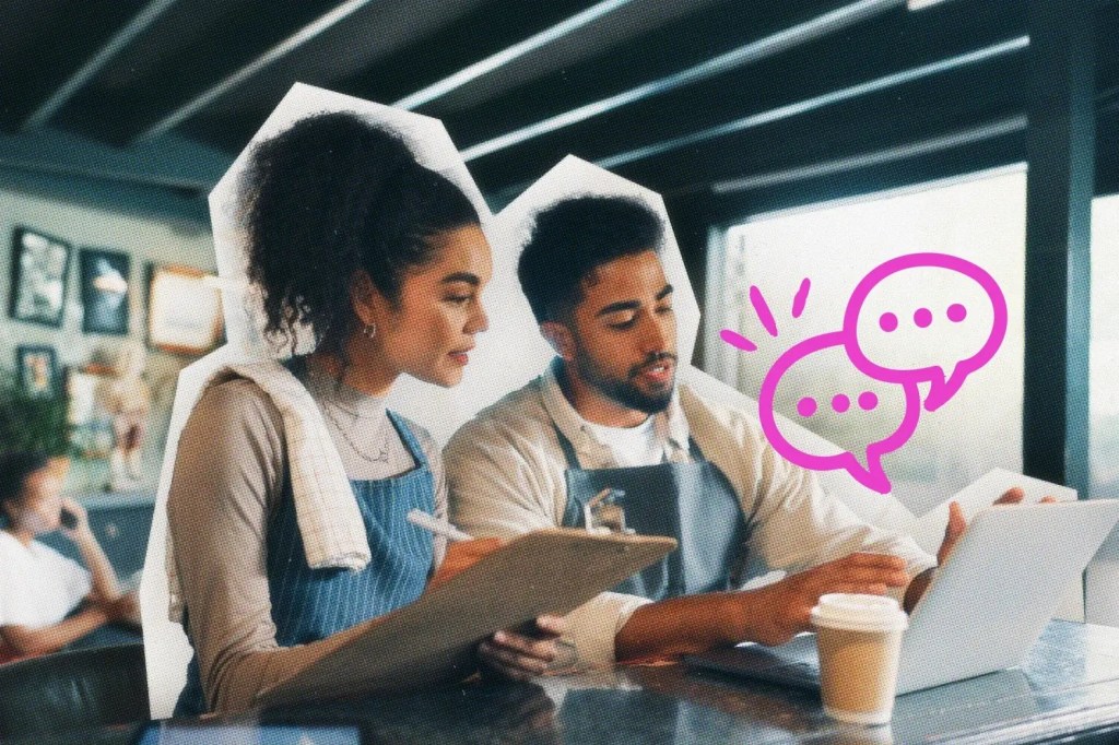 Two business owners discussing a promotion