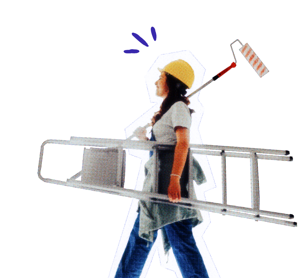 Female painter carrying a roller and ladder