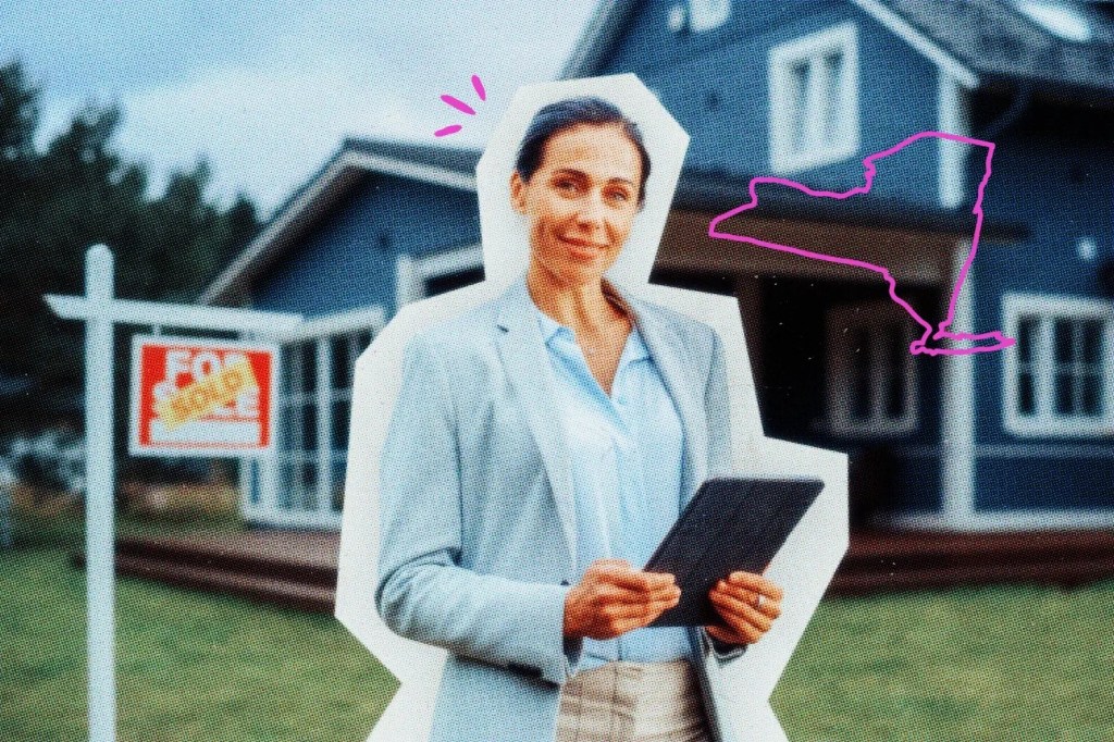 Real estate agent in New York standing in front of a property