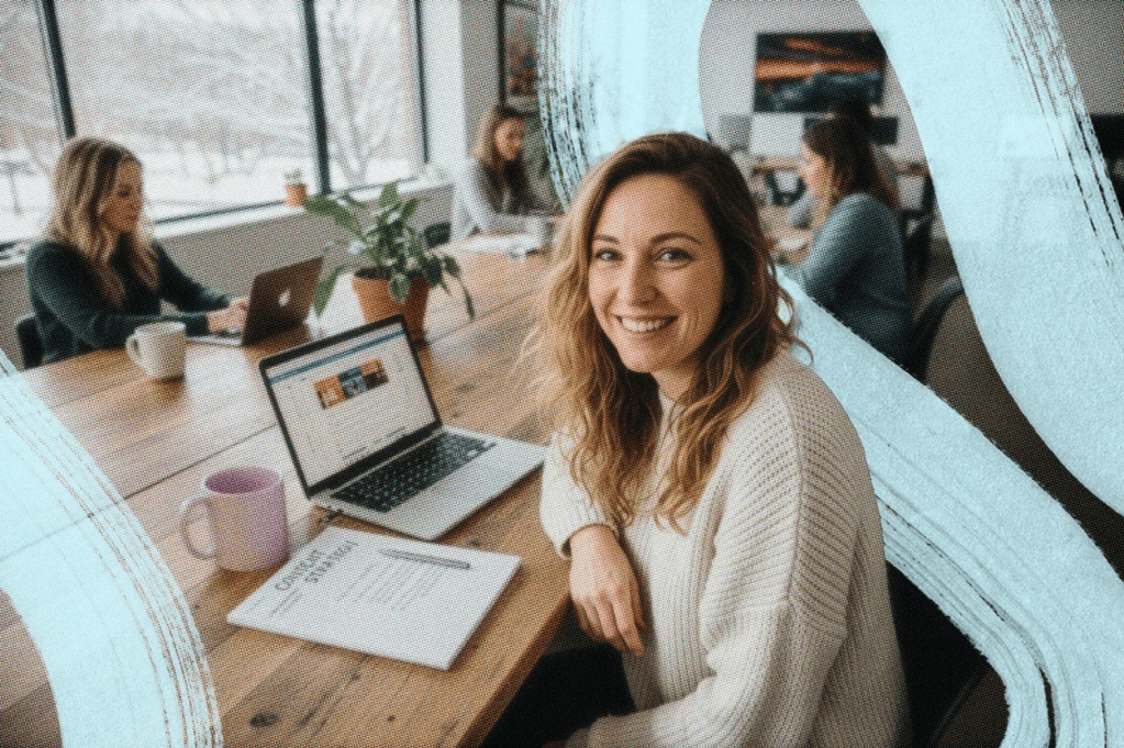 Small business owner sitting at a table working on her laptop.