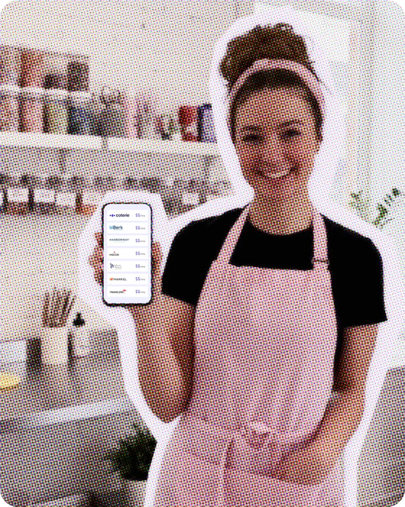 Woman in an apron holding a mobile device displaying different insurance quotes.