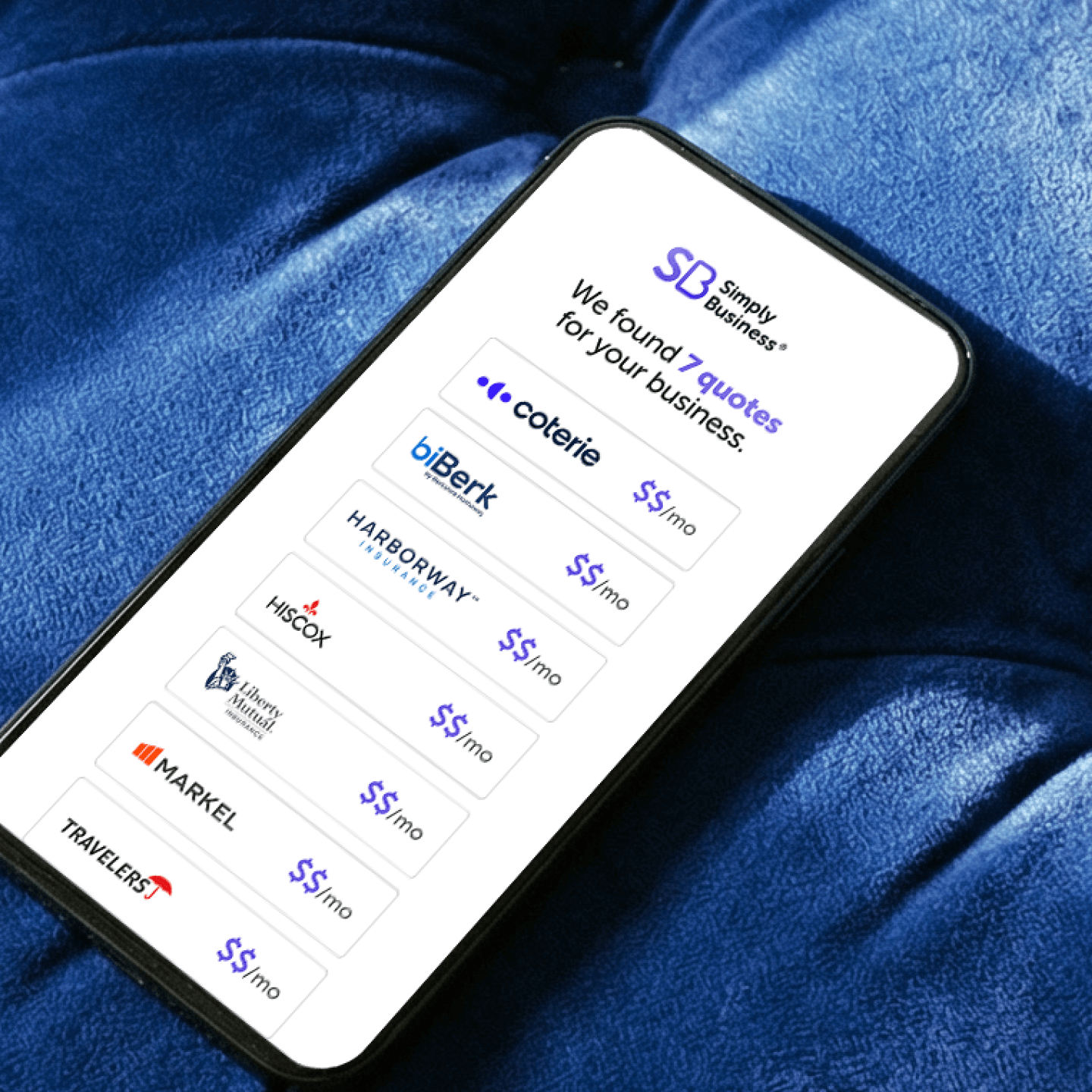 A mobile device displaying insurance prices from carriers